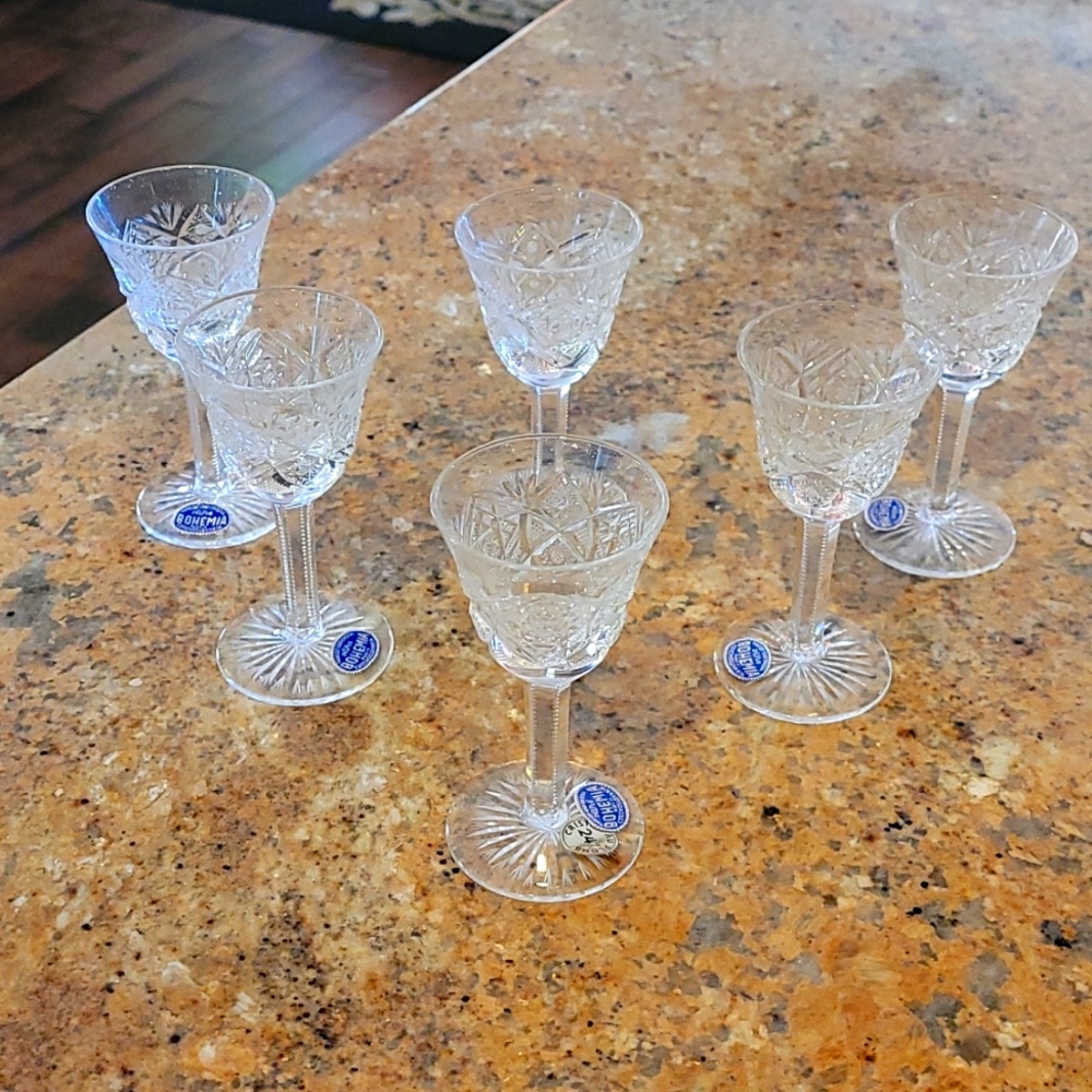6 Bohemia cut crystal sherry glasses.